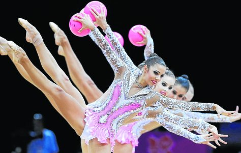 The team from Russia performs during the rhythmic gymnastics gro
